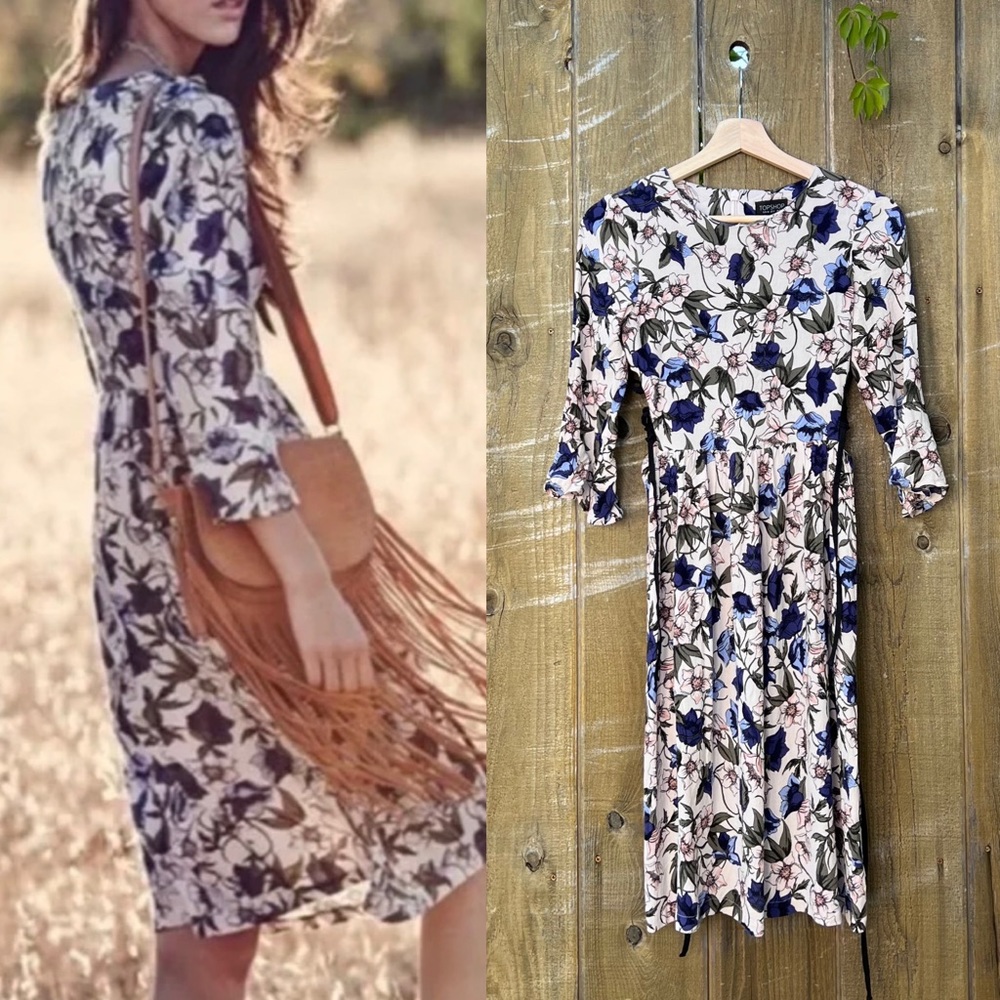 Pink Floral Lace-Up Side Bellsleeve Midi Dress 🌿
